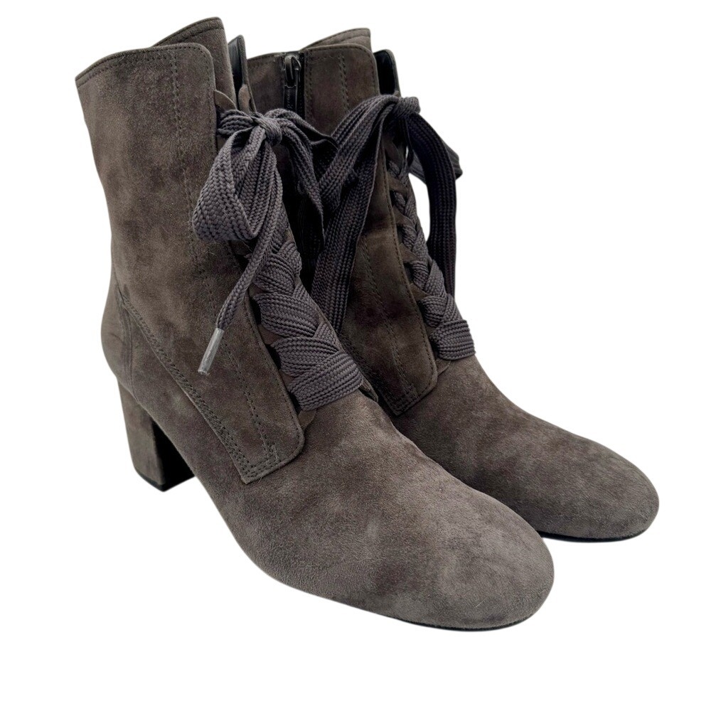 Paul Green Charcoal Suede Lace Up Ankle Boots Block Heel Women's 7.5, EUC
